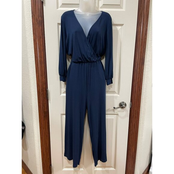 Amour Vert Womens Navy Blue Wrap-Style Jumpsuit W/ Pockets & Belted Waist S - Picture 8 of 9